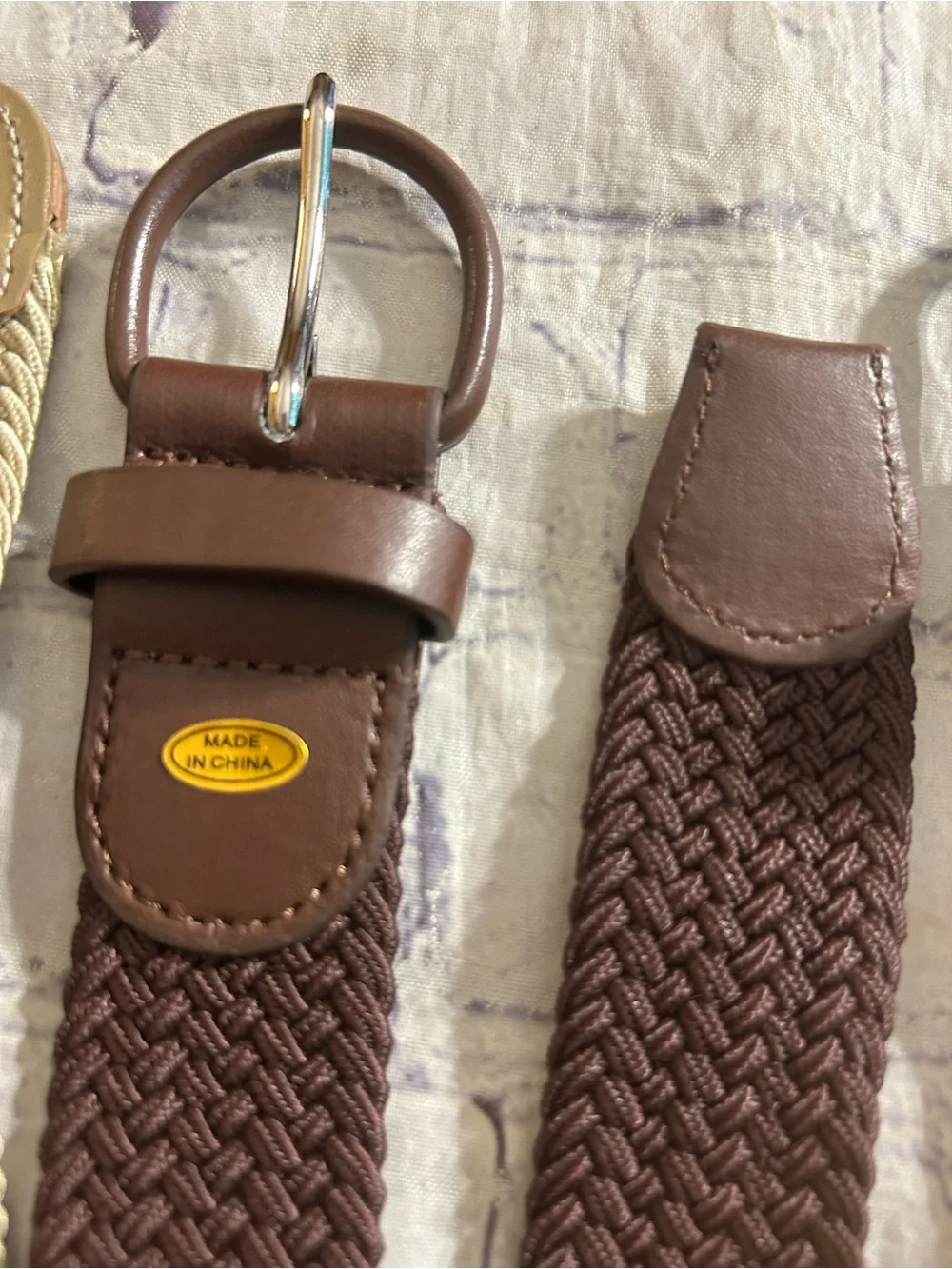 LOT OF (3) VINTAGE MENS STRETCH BELTS NAVY/BROWN/TAN COVERED BUCKLES SIZE LARGE